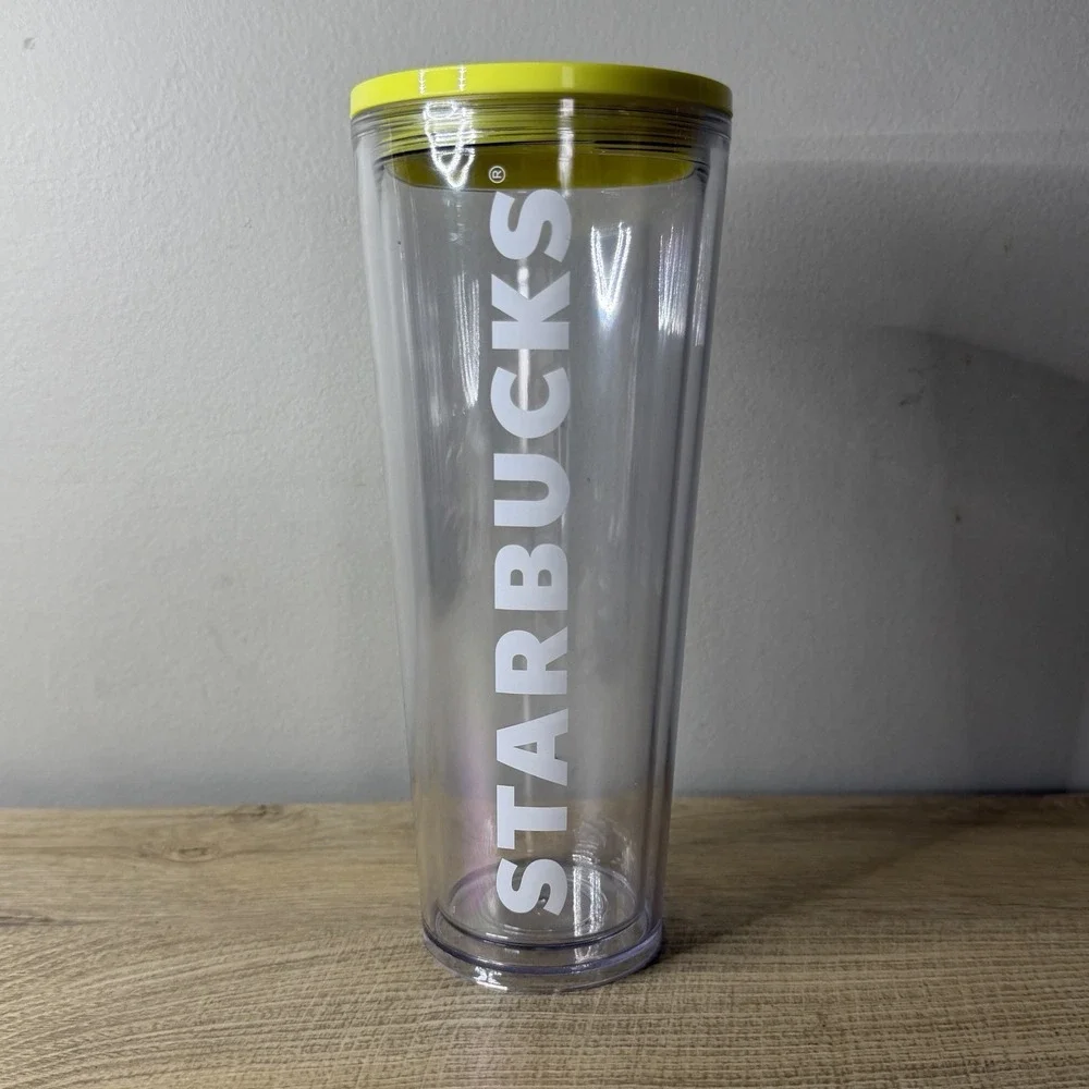 Starbucks Clear Venti Cold Cup Neon Yellow Lid‎ Clear Acrylic Logo Tumbler 24oz